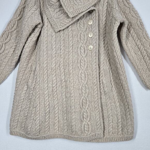 Aran Crafts 100% Merino Wool Cable Knit Cardigan L Beige Oatmeal Shawl Collar - Picture 5 of 16